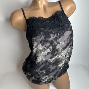 Y2K Black Lace Floral Cami Top S Ruffle Lined Textured Gothic Romantic Coquette